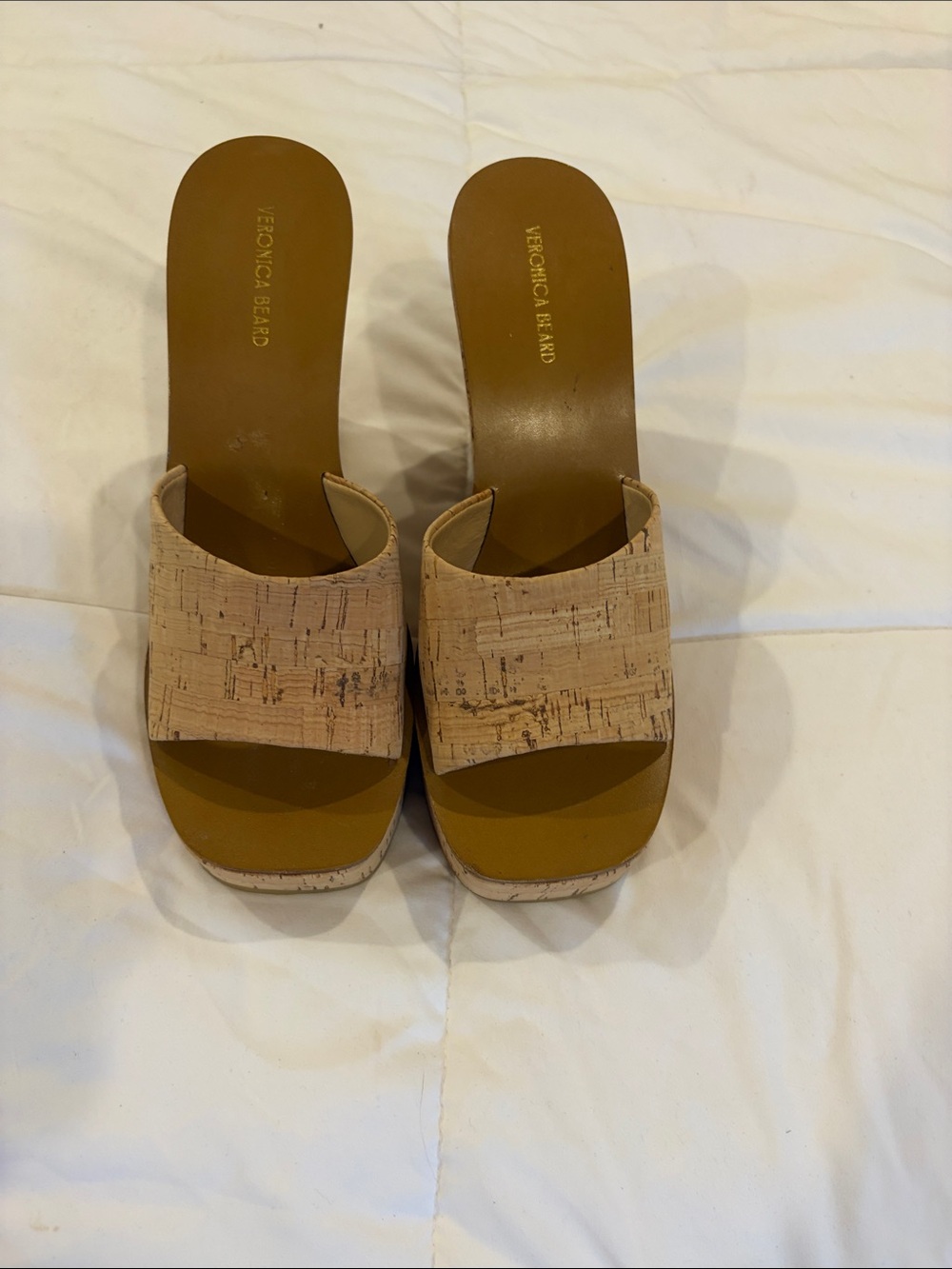 Veronica Beard Cork-Textured Tan Slide Mules
